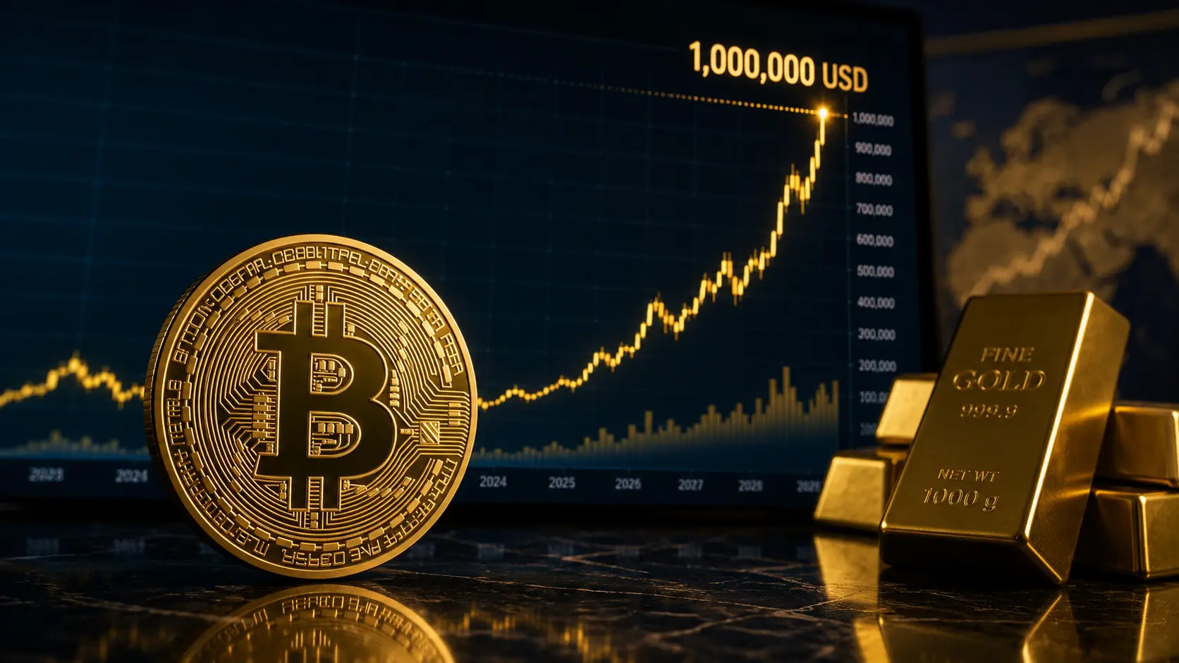 Bitcoin könnte Gold überholen und langfristig die Million erreichen – Hinweis: Bild mit Hilfe von KI generiert.