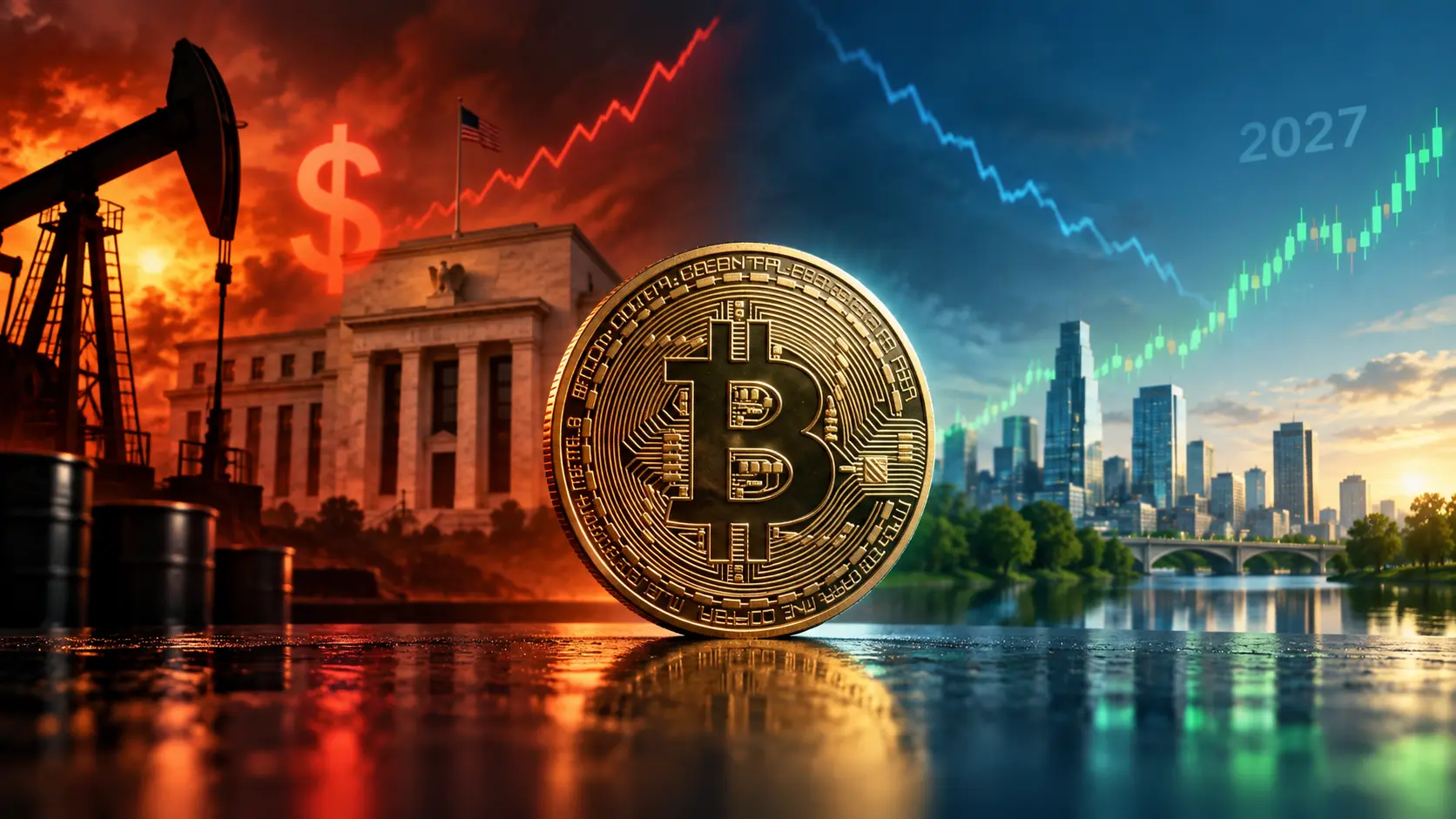 Bitcoin unter Druck – Zinsen, Dollar und Öl geben den Takt vor. Bild mit Hilfe von KI generiert.