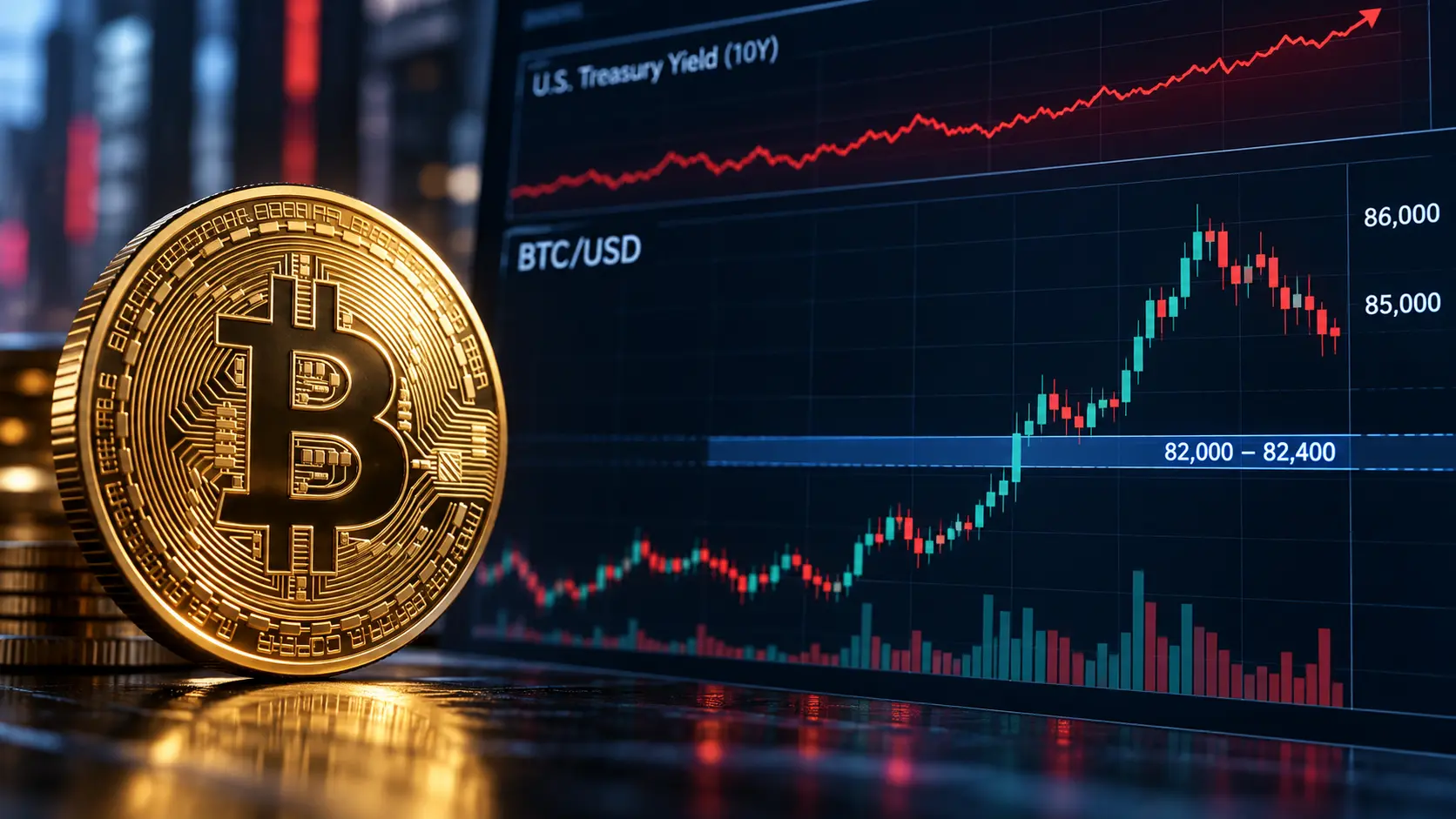 Bitcoin unter 85.000 US-Dollar – steigende Renditen werden zum Problem. Hinweis: Bild wurde mithilfe von KI generiert.