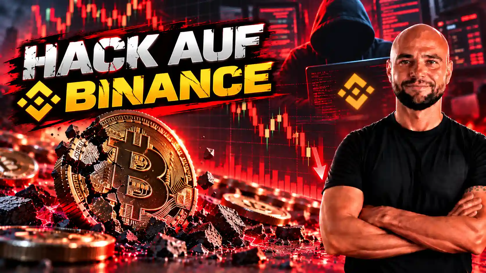 Symbolbild zum mutmaßlichen Binance-Hack: Bitcoin-Münze vor fallendem Kurschart, Binance-Logo und vermummtem Hacker im Hintergrund.