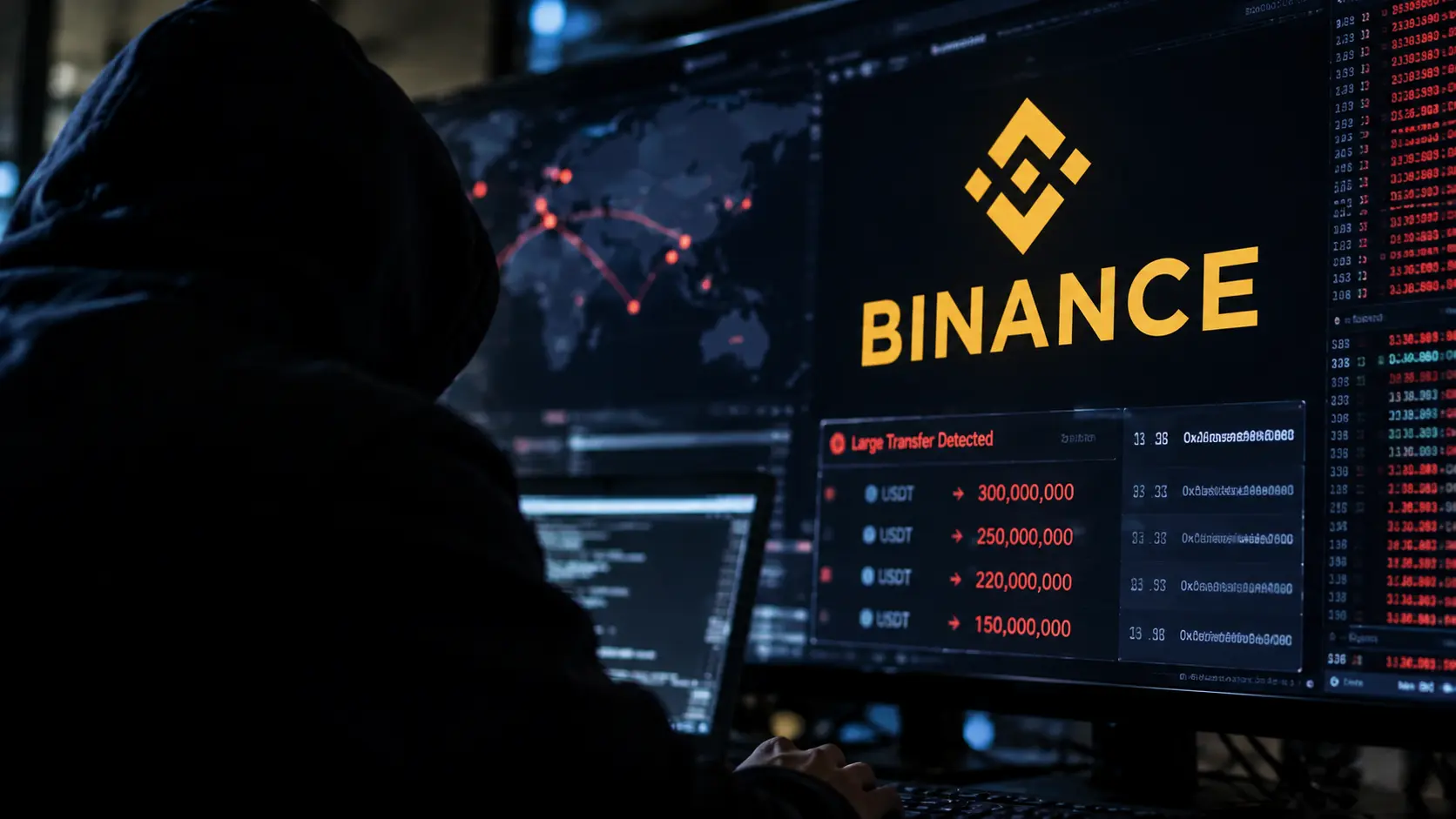 Anonyme Person vor einem Bildschirm mit Binance-Logo und Sicherheitswarnungen – Symbolbild zu möglichen Hackerangriffen.