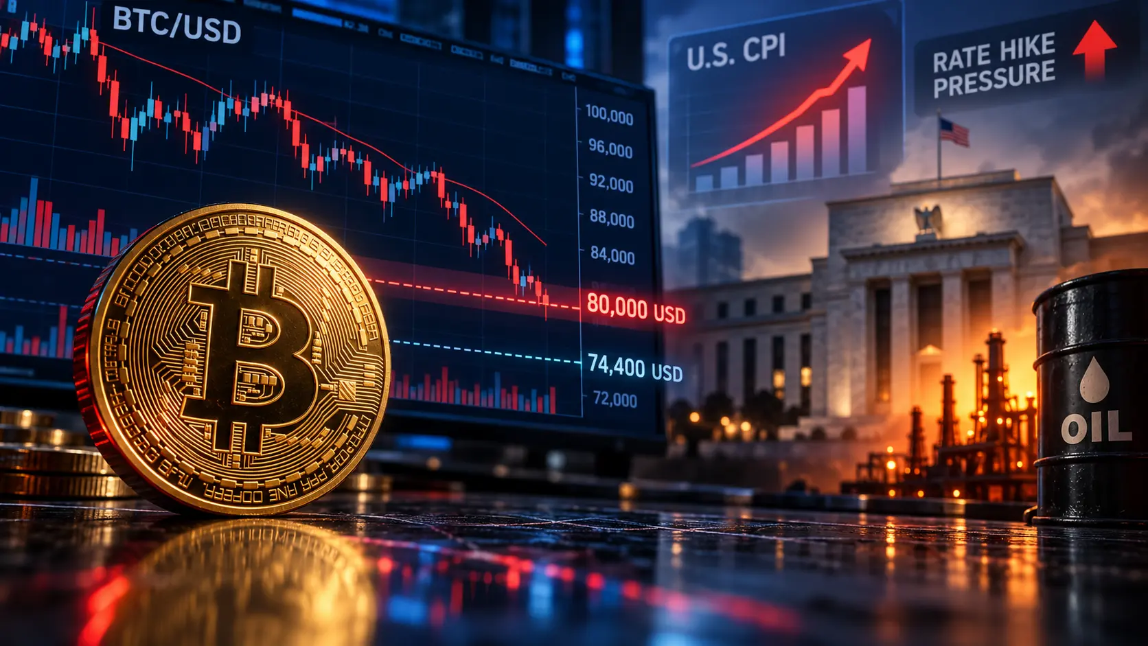 Bitcoin nach Inflationsschock bei knapp 80.000 USD – droht jetzt eine Zinserhöhung? Hinweis: Bild mithilfe von KI generiert
