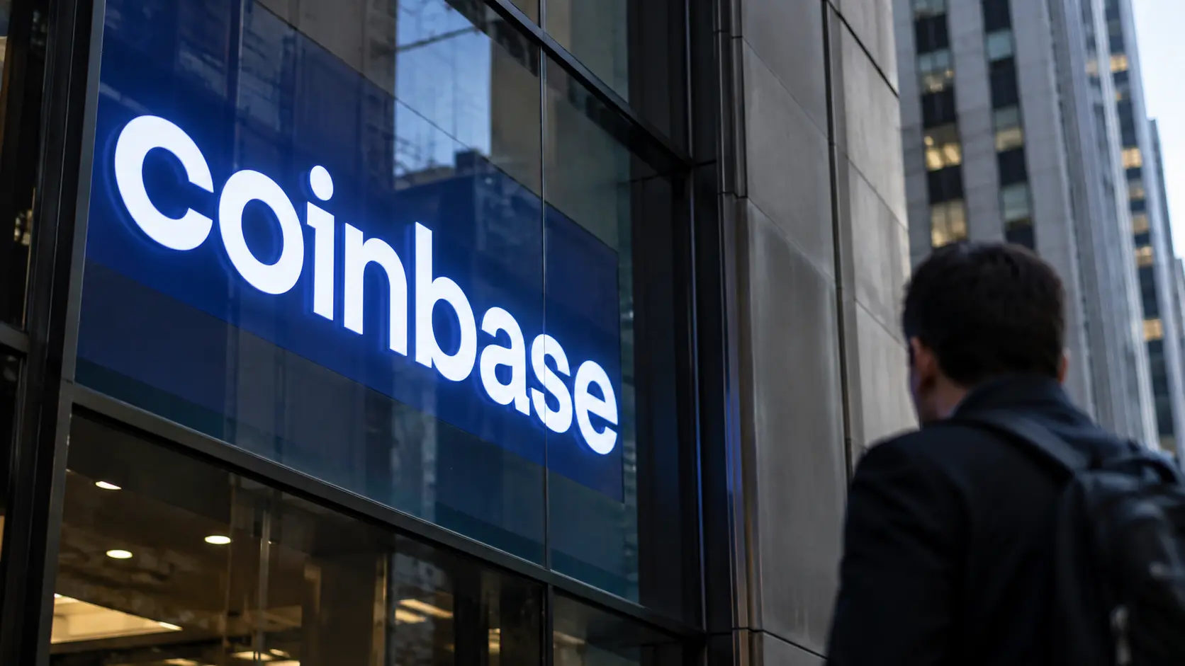 Coinbase-Logo an einer modernen Glasfassade eines Bürogebäudes.