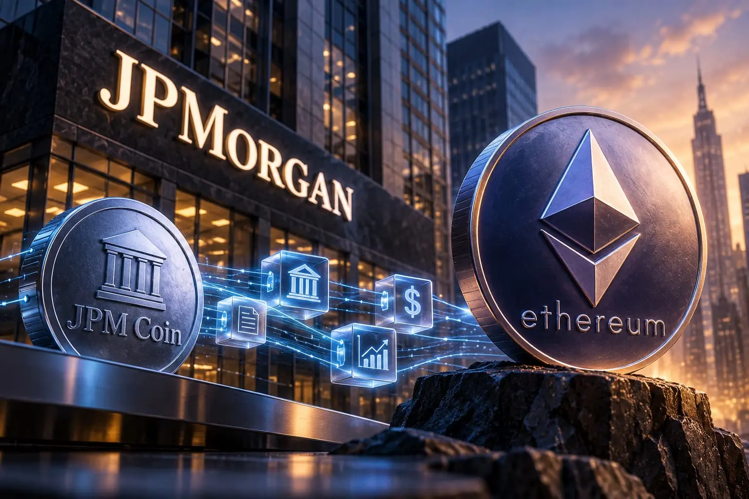 JPMorgan bringt JPM Coin auf Ethereum – was das für den ETH-Kurs bedeutet. Hinweis: Bild mithilfe von KI generiert