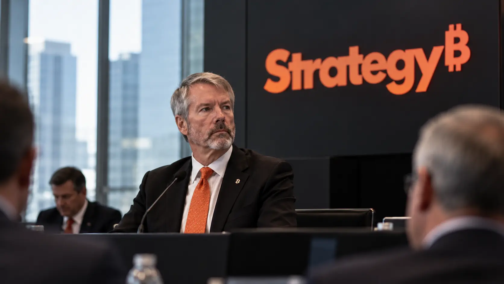 Michael Saylor bei einer Unternehmenskonferenz vor dem Strategy-Logo im Hintergrund