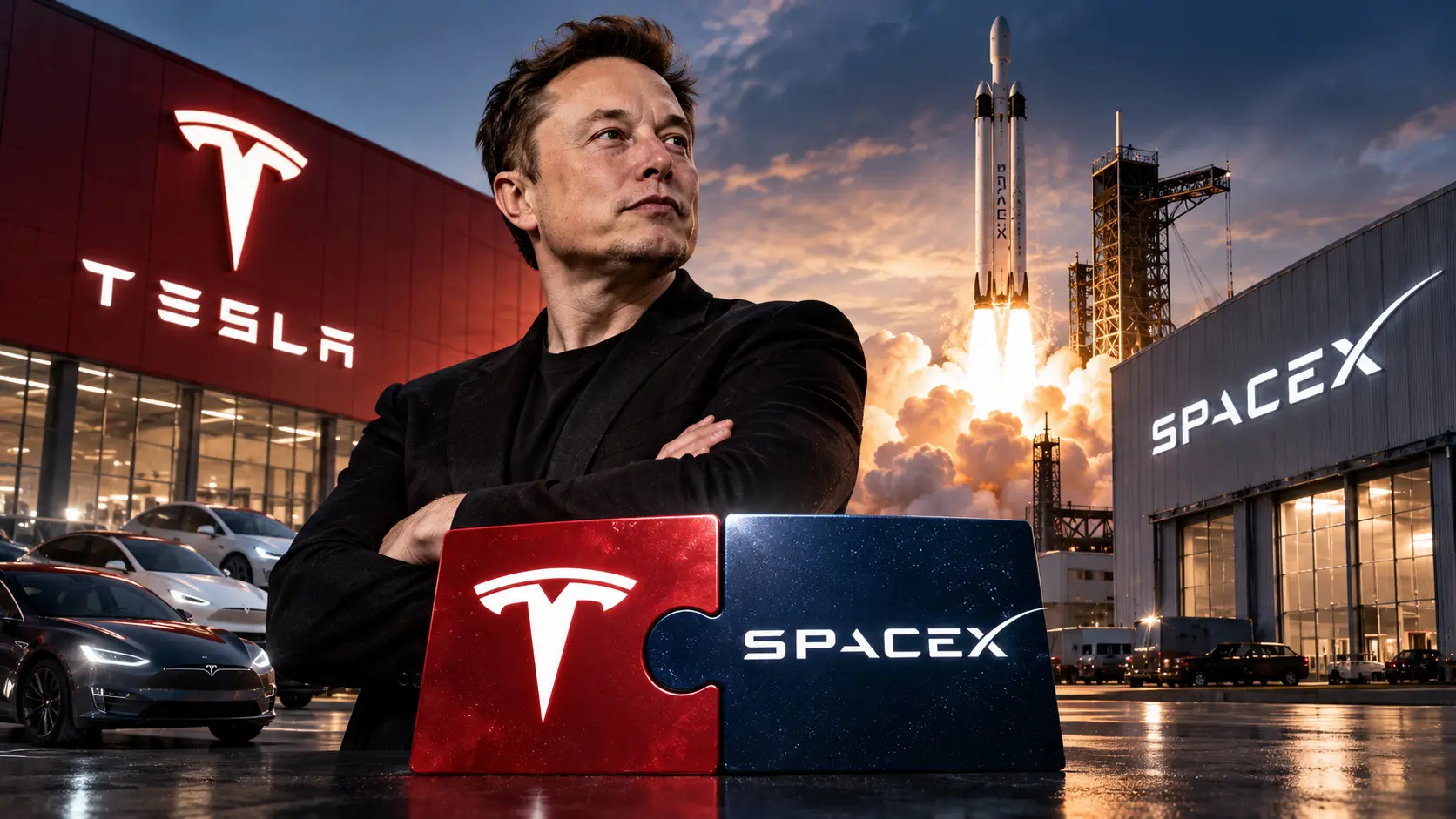 Symbolbild einer möglichen Fusion von Tesla und SpaceX: Elon Musk vor Tesla-Fahrzeugen, einer startenden SpaceX-Rakete und zwei ineinandergreifenden Puzzleteilen mit den Firmenlogos.