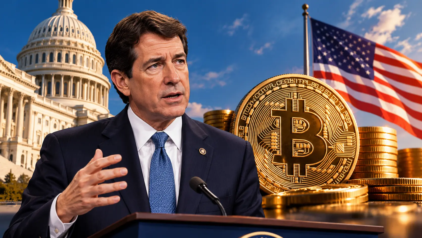 US-Senator Bill Hagerty vor dem Kapitol, mit amerikanischer Flagge und Bitcoin-Symbol.