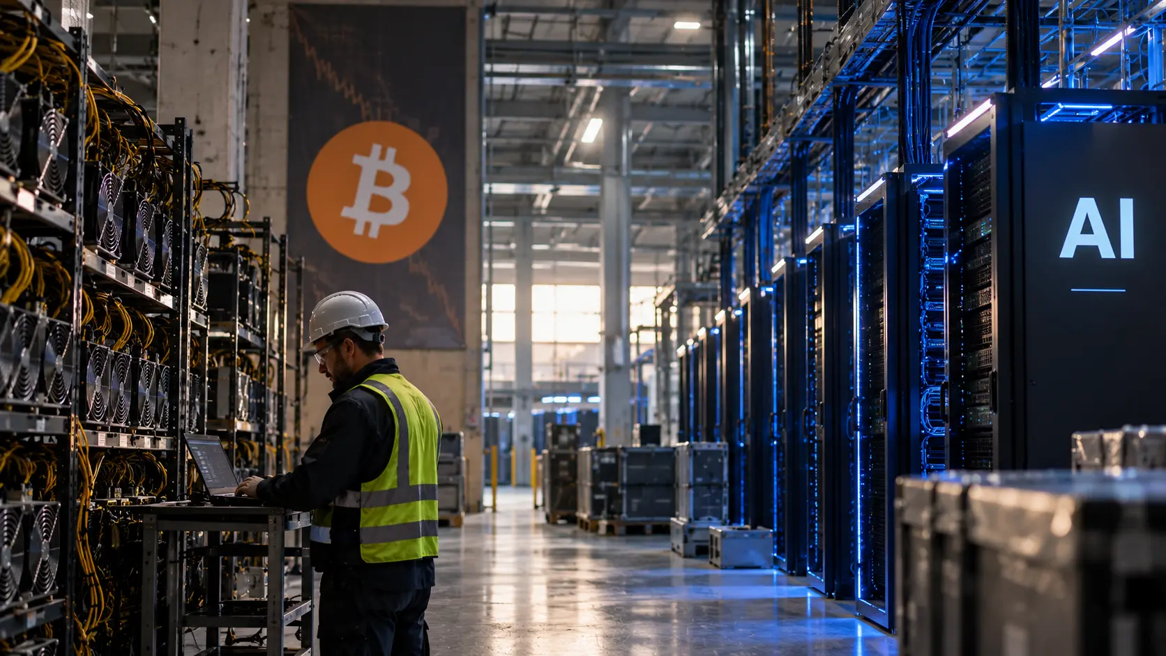 Symbolbild zum Wandel der Bitcoin-Mining-Branche: Bitcoin-Mining und KI-Rechenzentren als unterschiedliche Geschäftsmodelle für Unternehmen.