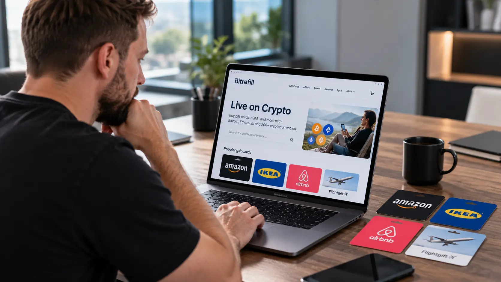 Mann betrachtet die Bitrefill-Webseite auf einem Laptop; daneben liegen Geschenkkarten von Amazon, IKEA und Airbnb.