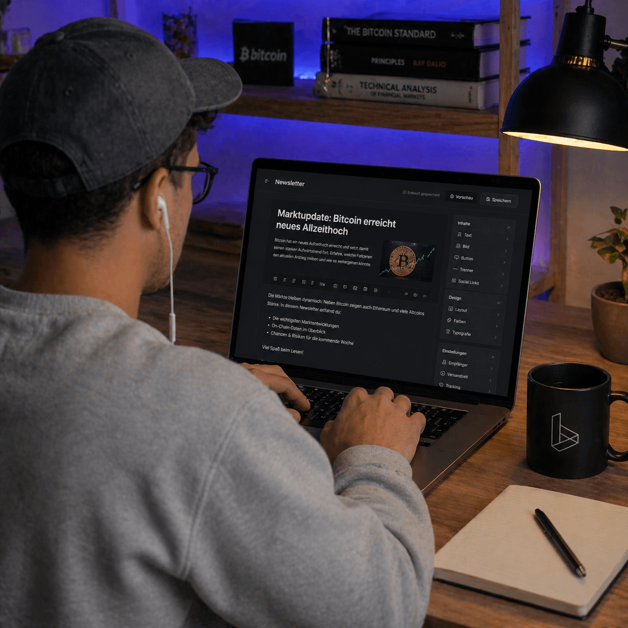 Blick über die Schulter: Newsletter am Laptop in dunkler Editor-Oberfläche, Arbeitsplatz im Schreibtisch-Setup