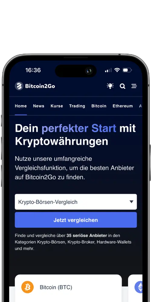 Mockup der mobilen Bitcoin2Go Startseite