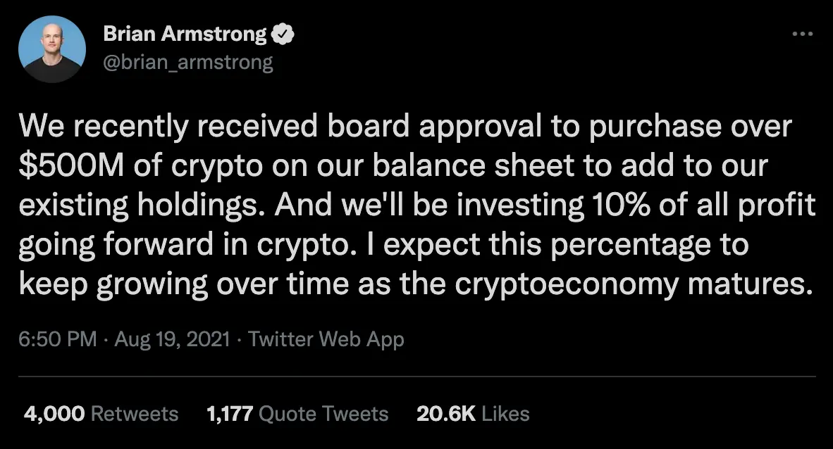 Tweet von Coinbase-CEO Brian Armstrong zur fortlaufenden Krypto-Investition bei Coinbase