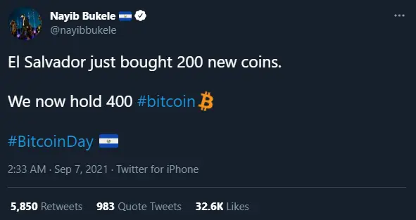 Tweet des Präsidenten von El Salvador über den Kauf von BTC