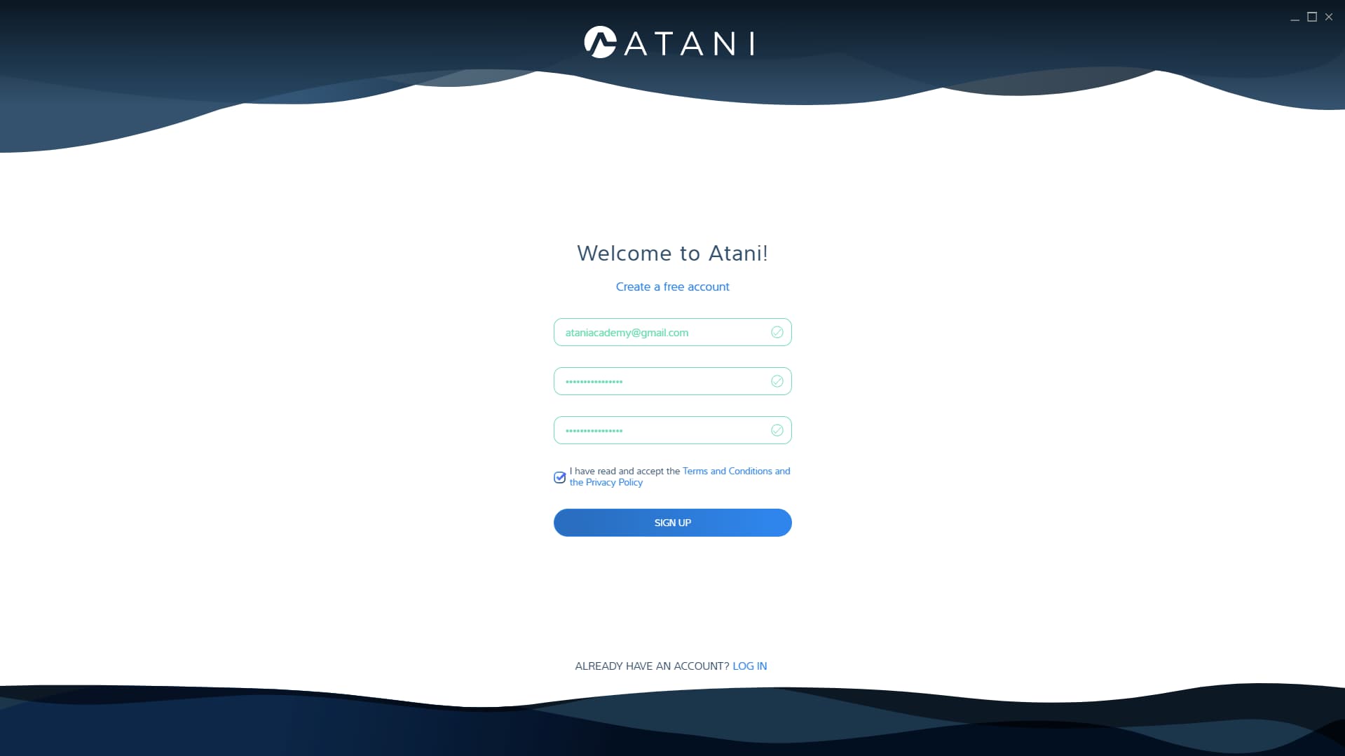 Benutzeroberfläche für die Atani Anmeldung