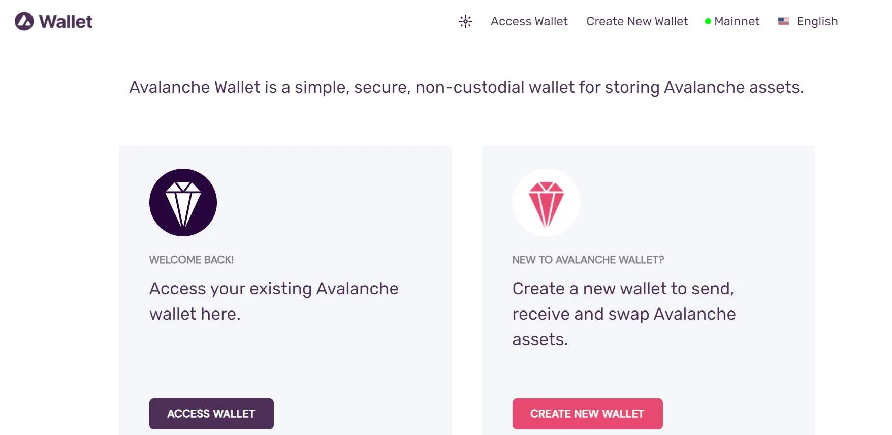 Screenshot der Avalanche Wallet Webseite
