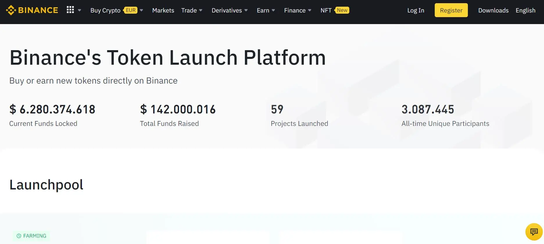 Screenshot der Binance Launch Platform