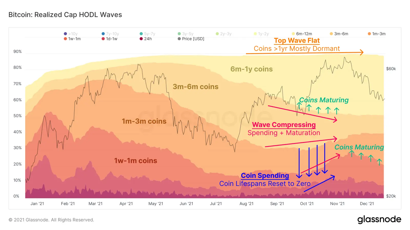 HODL-Waves basierend auf der realisierten Marktkapitalisierung von Bitcoin