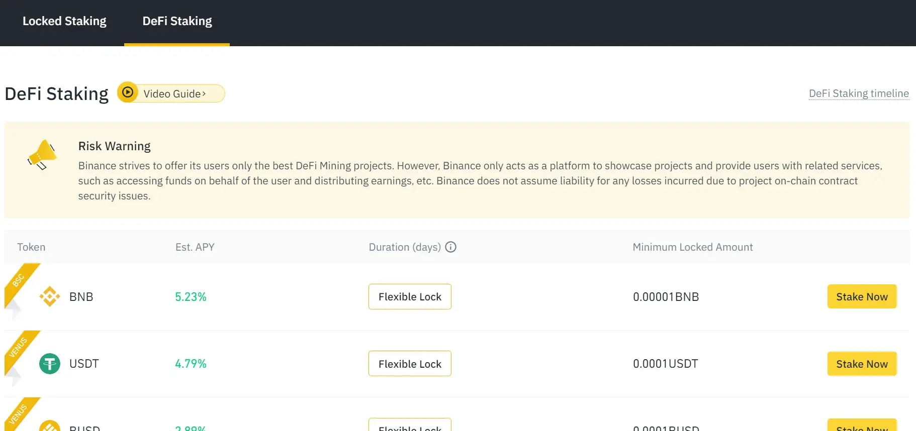 Screenshot der Binance Staking Plattform