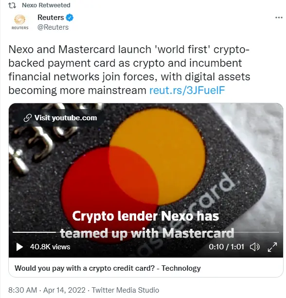 Reuters berichtet über Nexo Partnerschaft mit Mastercard