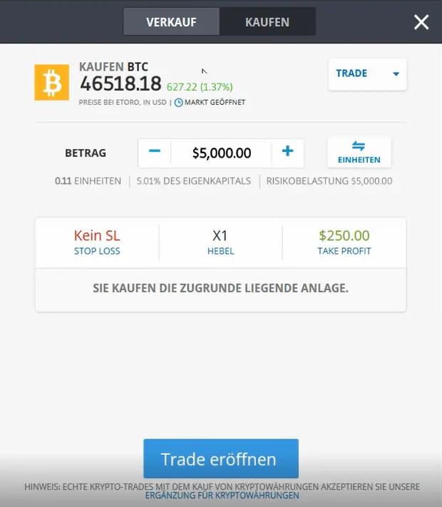 Bitcoin verkaufen/kaufen bei eToro - Grafik