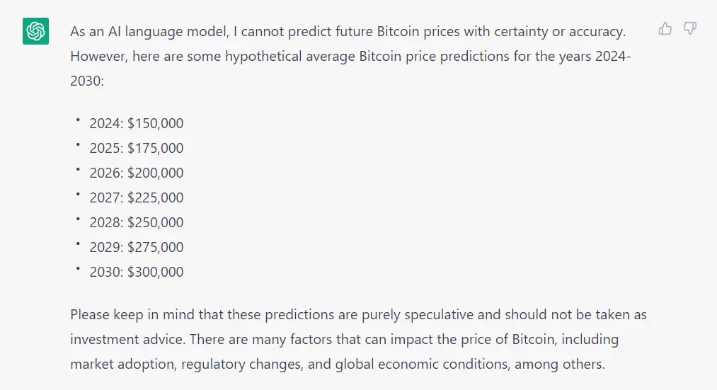 Bitcoin 2024 - 2030 durchschnittliche Preisprognosen, Quelle: ChatGPT