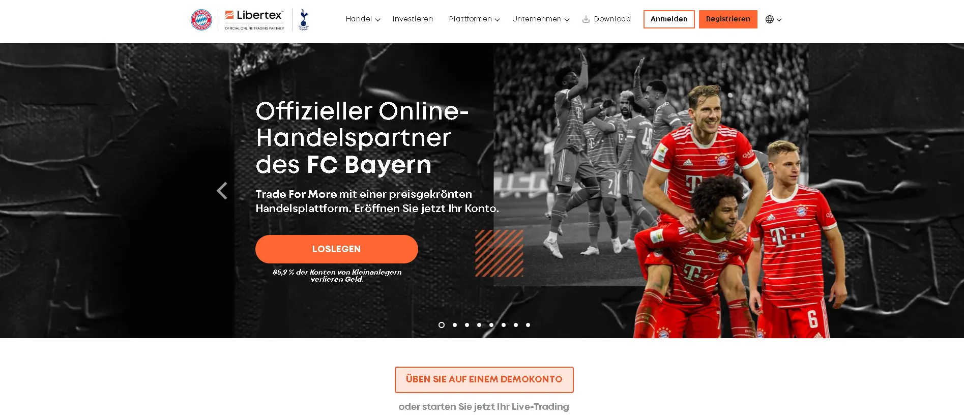 Die Homepage von Libertex: Die Plattform wirbt mit der Bayern München Partnerschaft.