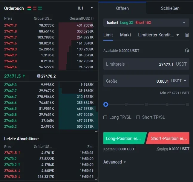 Ordertypen auf der professionellen Benutzeroberfläche der Trading Plattform Phemex