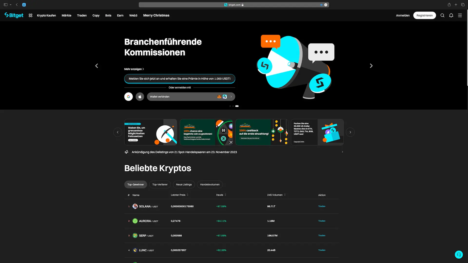 Startseite der Krypto-Trading-Plattform Bitget
