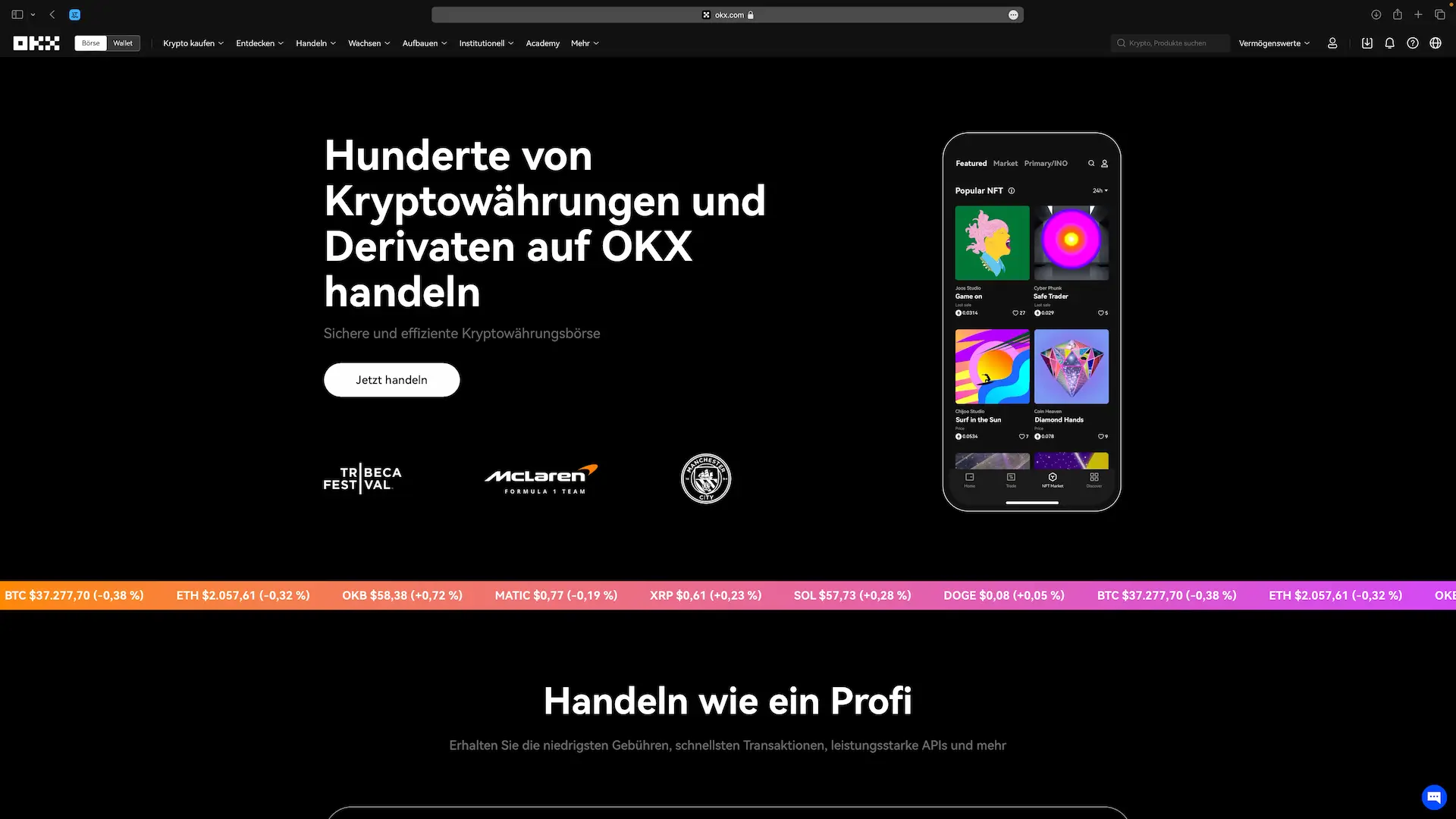 OKX Startseite am Desktop - Sprache: Deutsch