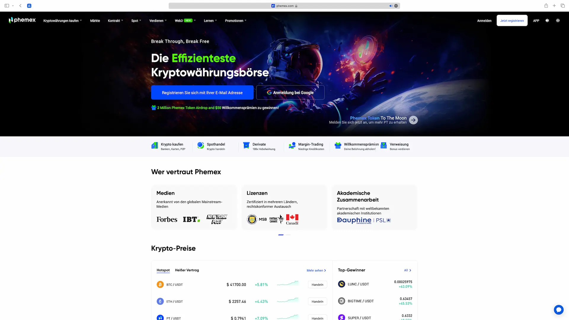 Startseite der Krypto-Trading-Plattform Phemex