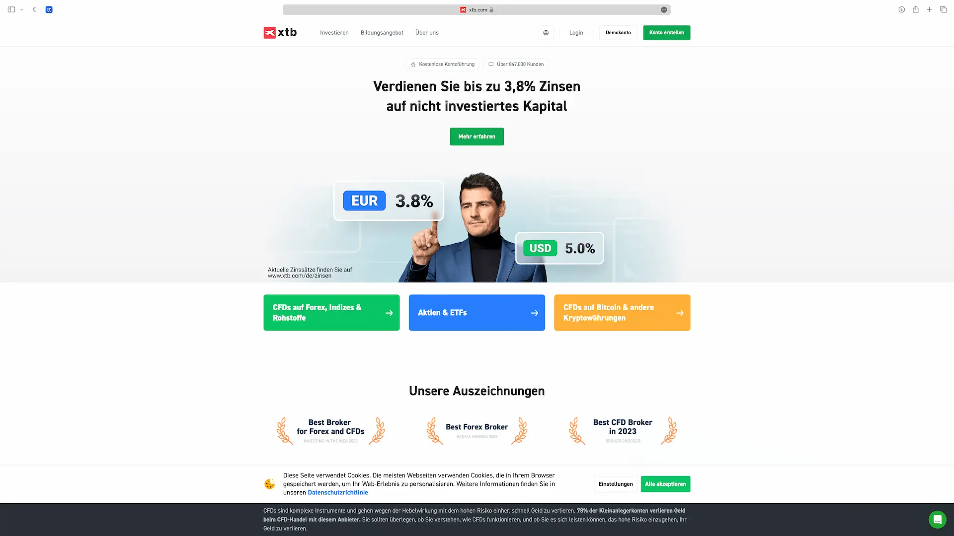 Startseite des Online-Brokers XTB mit Firmensitz in Polen