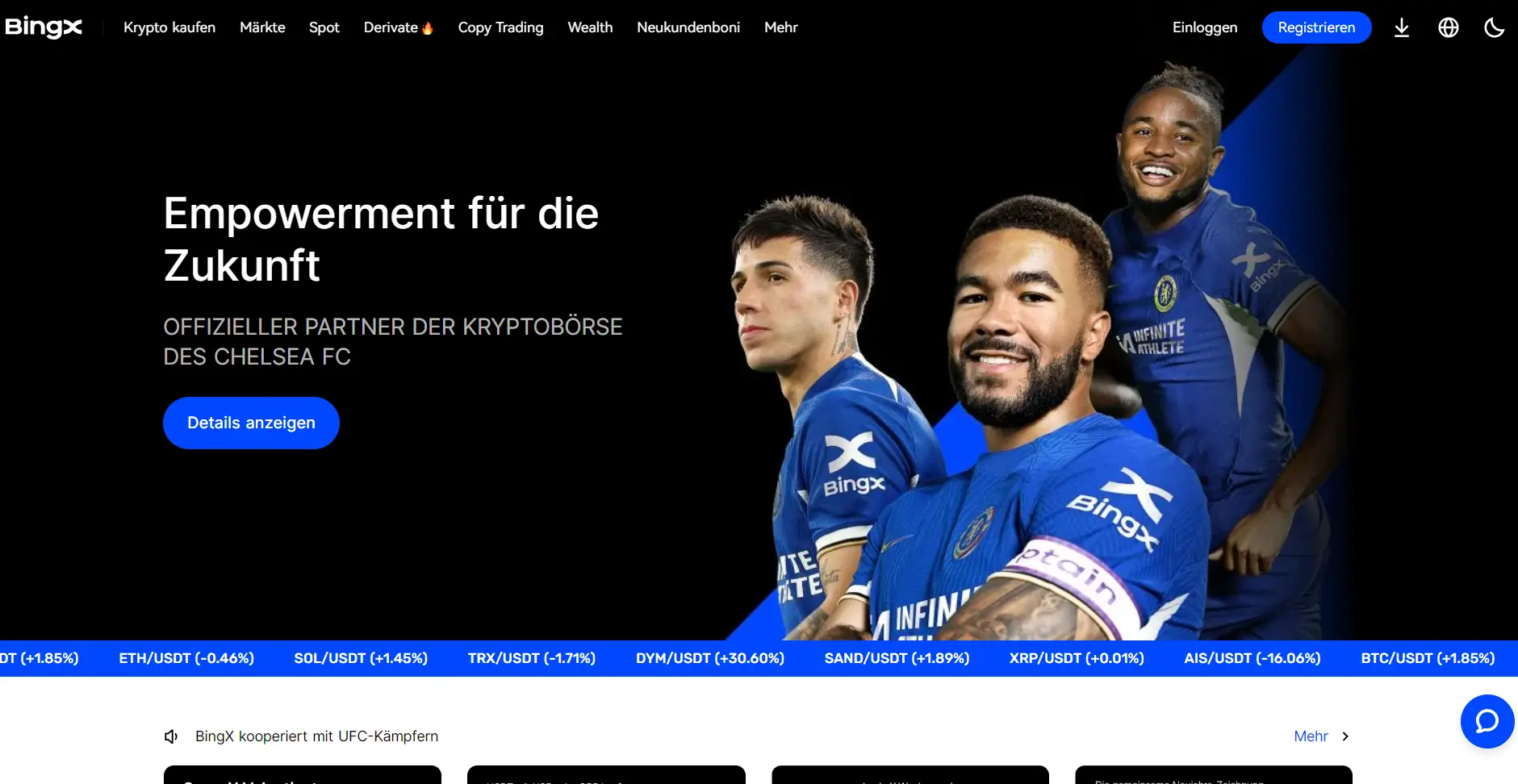 Auf der Startseite präsentiert sich BingX als offizieller Sponsor des FC Chelsea