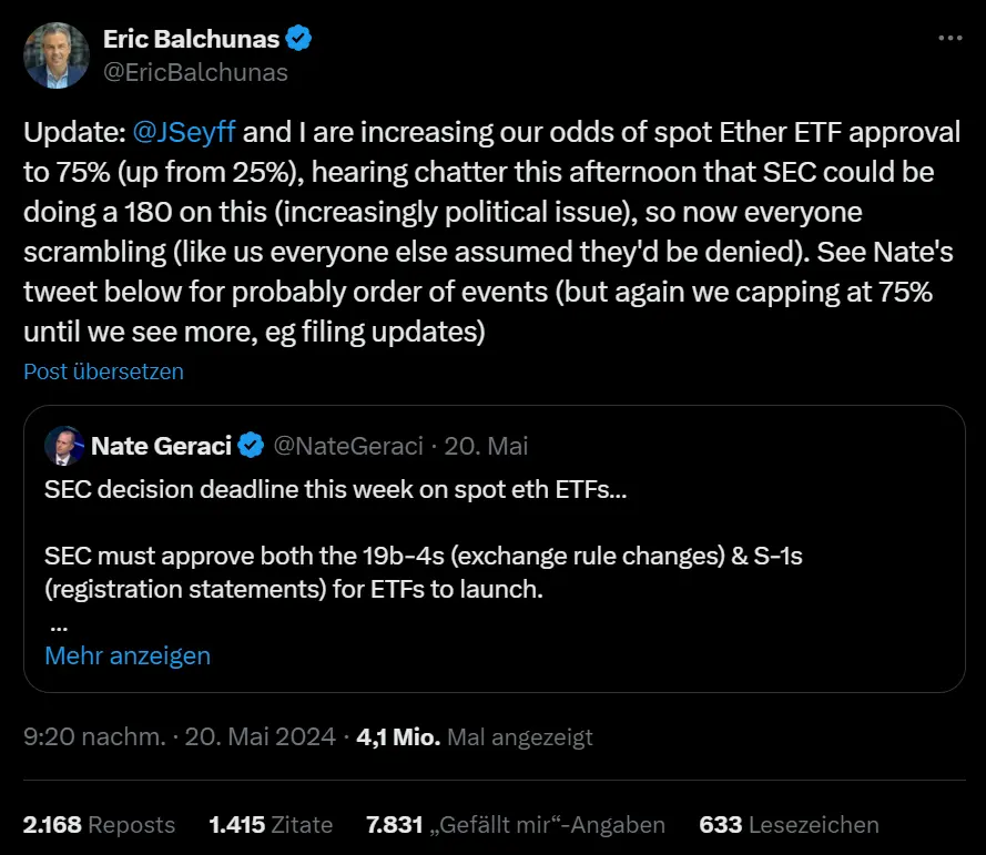 Eric Balchunas über die Zulassung von ETH-ETFs, Quelle: X