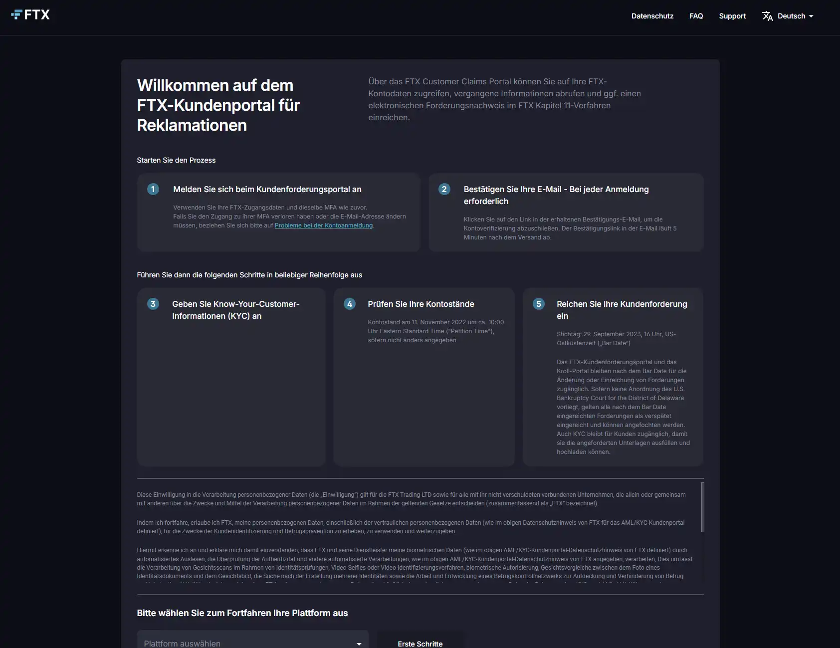 Die Startseite des FTX Customer Claims Portals