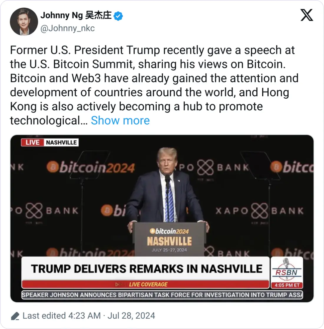 Johnny Ng über Bitcoin (BTC), Quelle: X