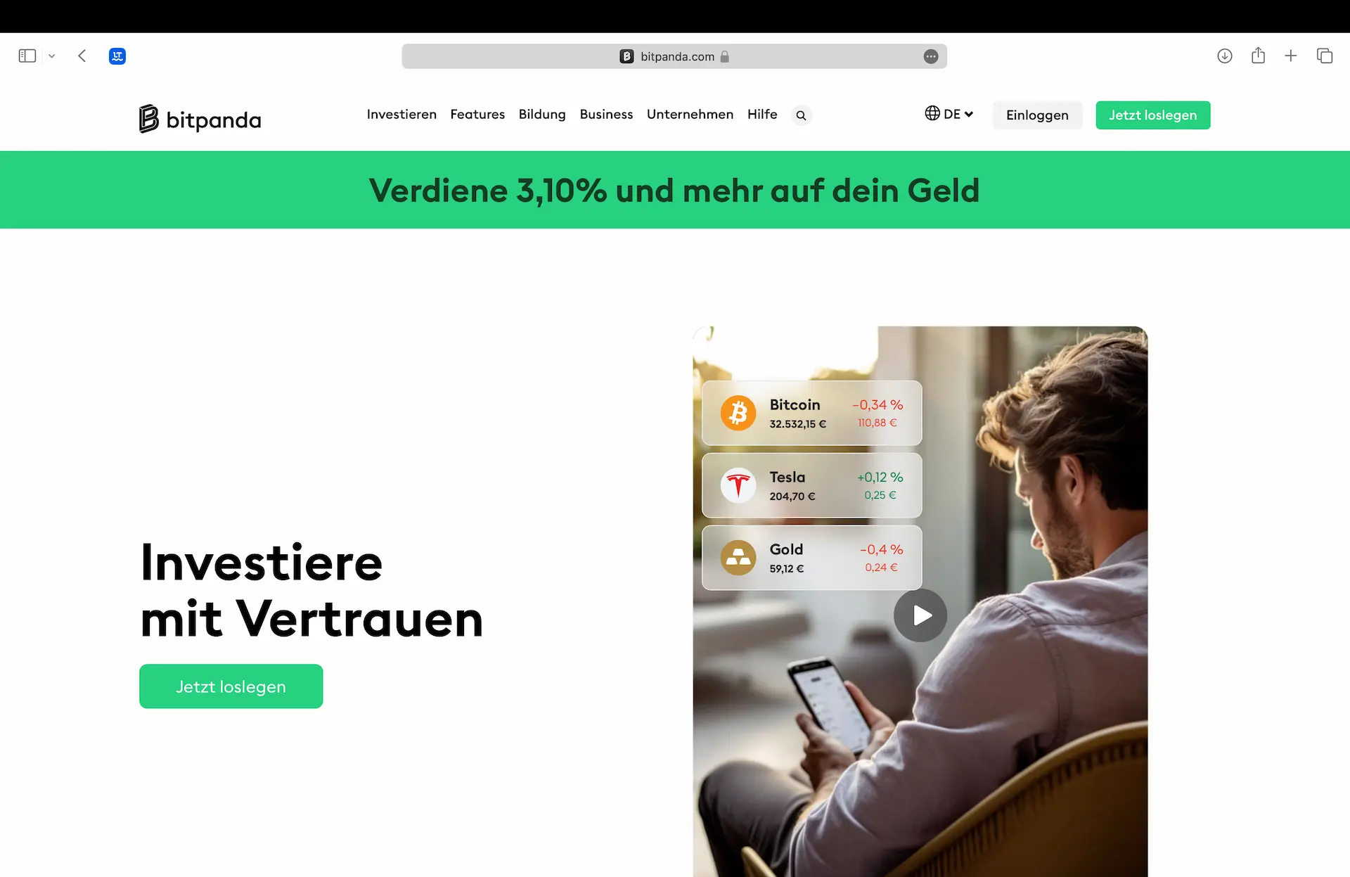 Startseite der Krypto-Börse Bitpanda aus Österreich