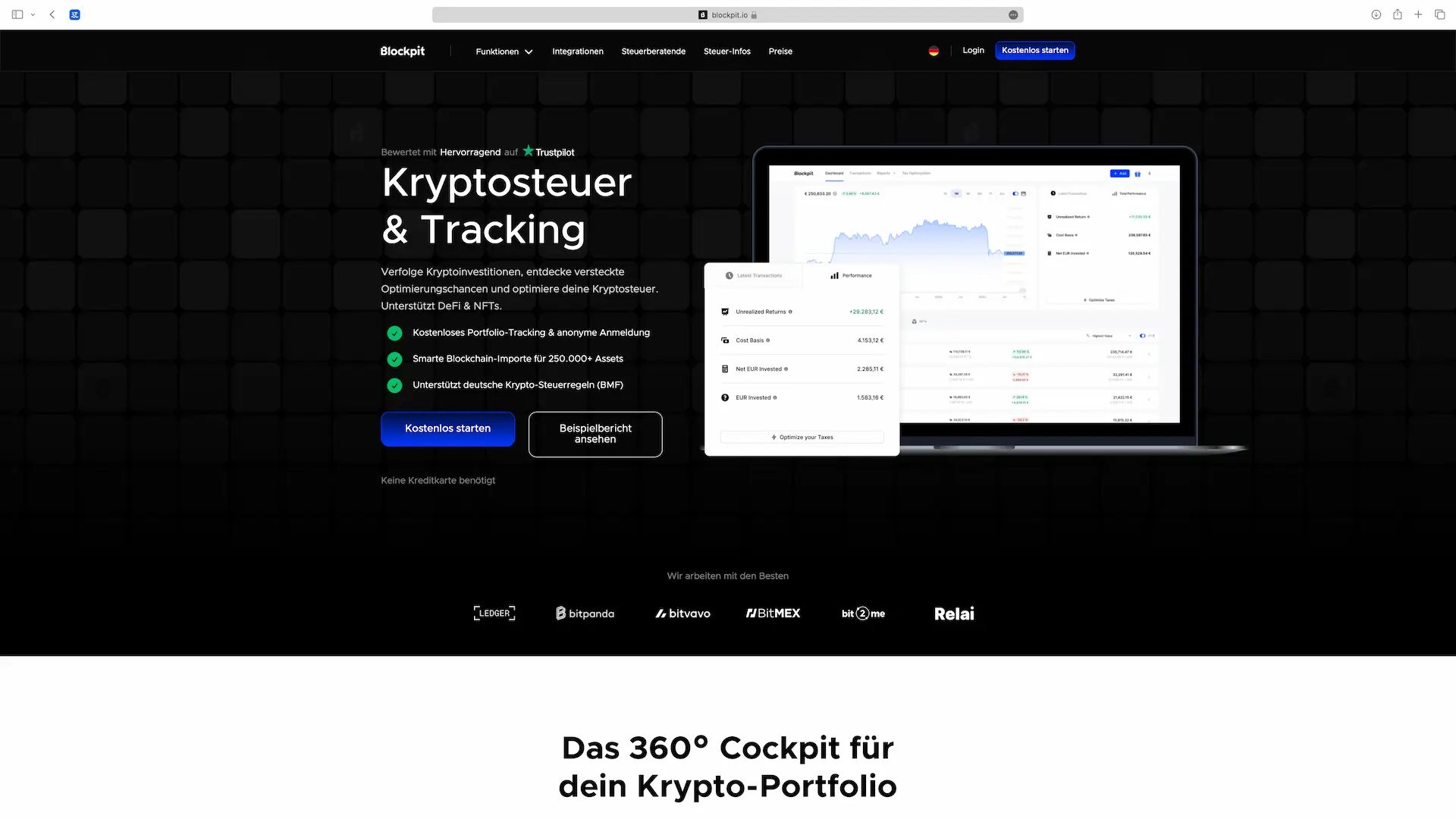 Startseite des Krypto-Steuer-Tools Blockpit