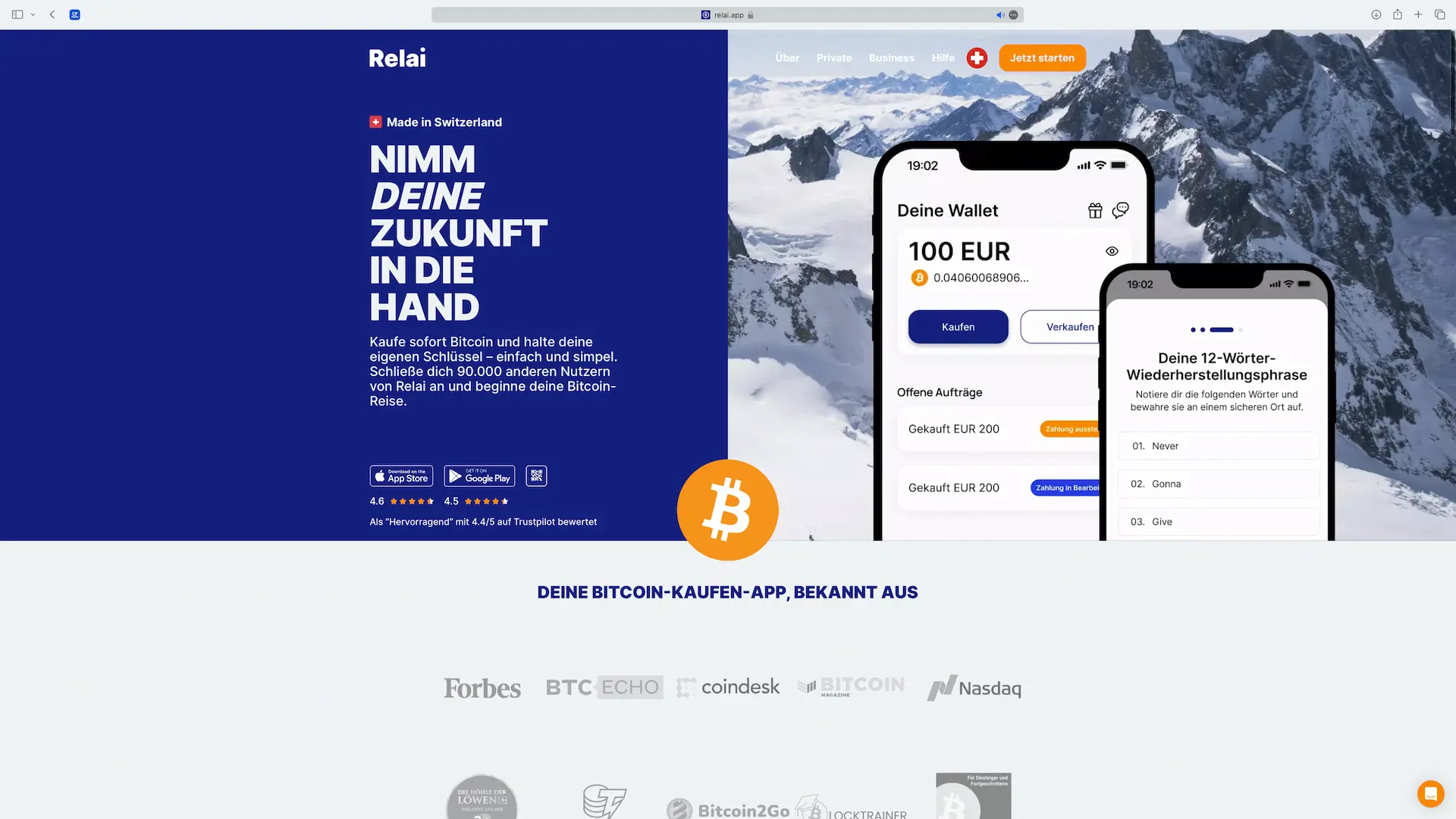 Startseite der Schweizer Krypto-App Relai
