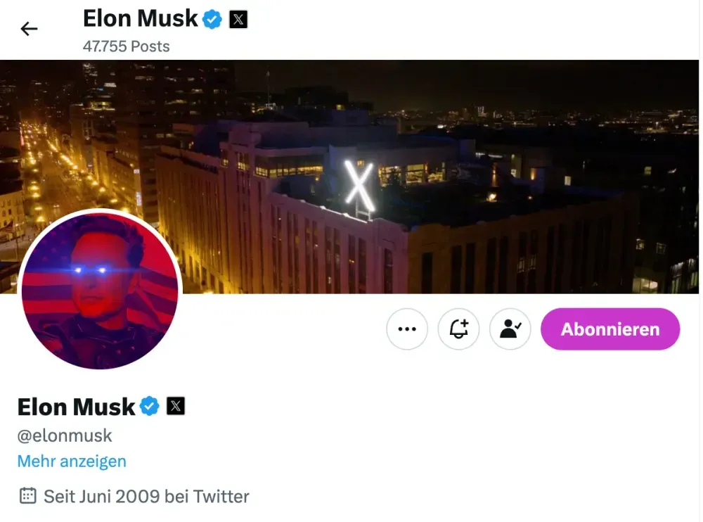 Elon Musks Profilbild auf X (ehem. Twitter), Quelle: X