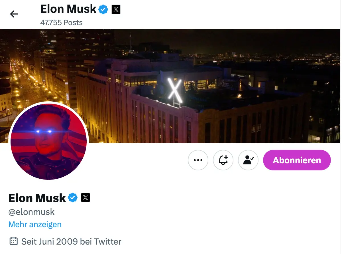 Elon Musks Twitter Profilbild, Quelle: x.com