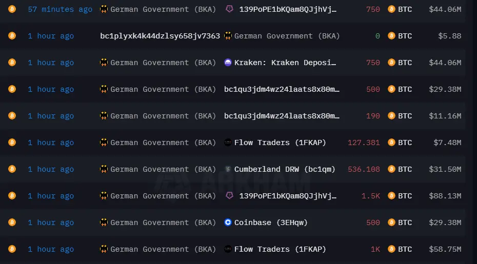 Transaktionsverlauf der deutschen Regierung, Quelle: Arkham Intelligence