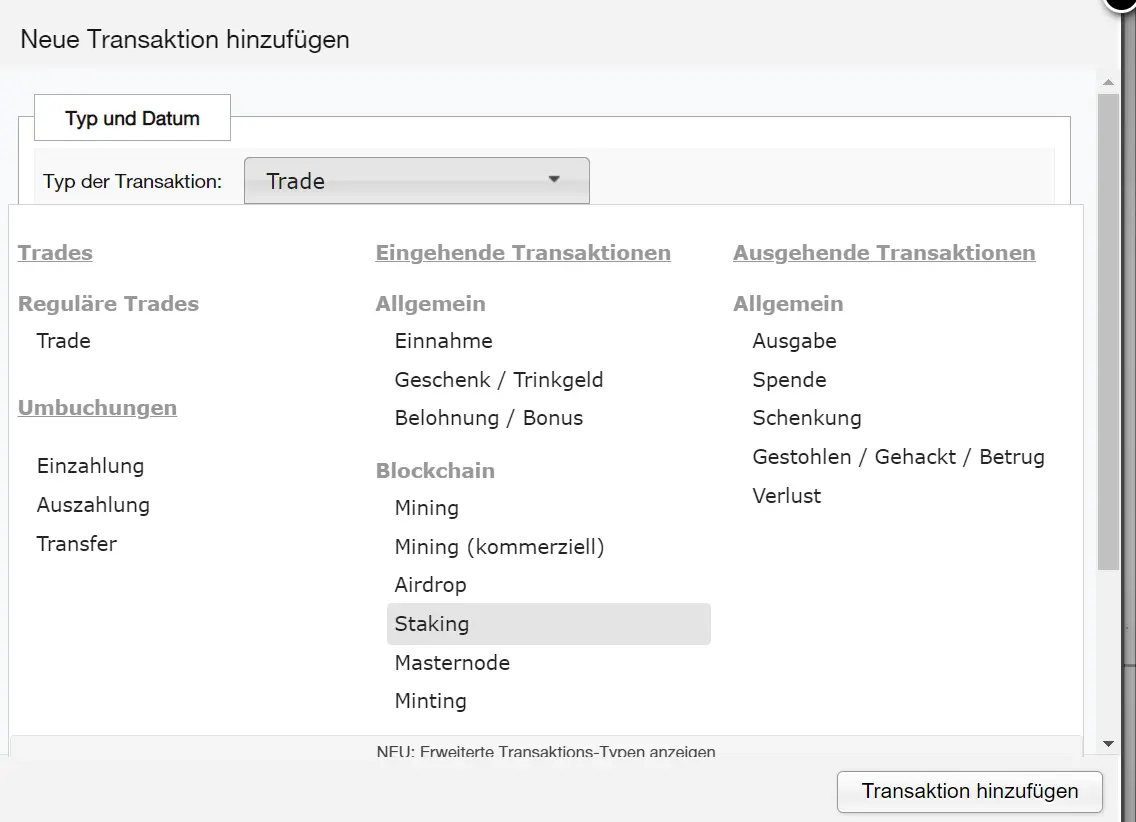 CoinTracking Coin eintragen: Typ ändern