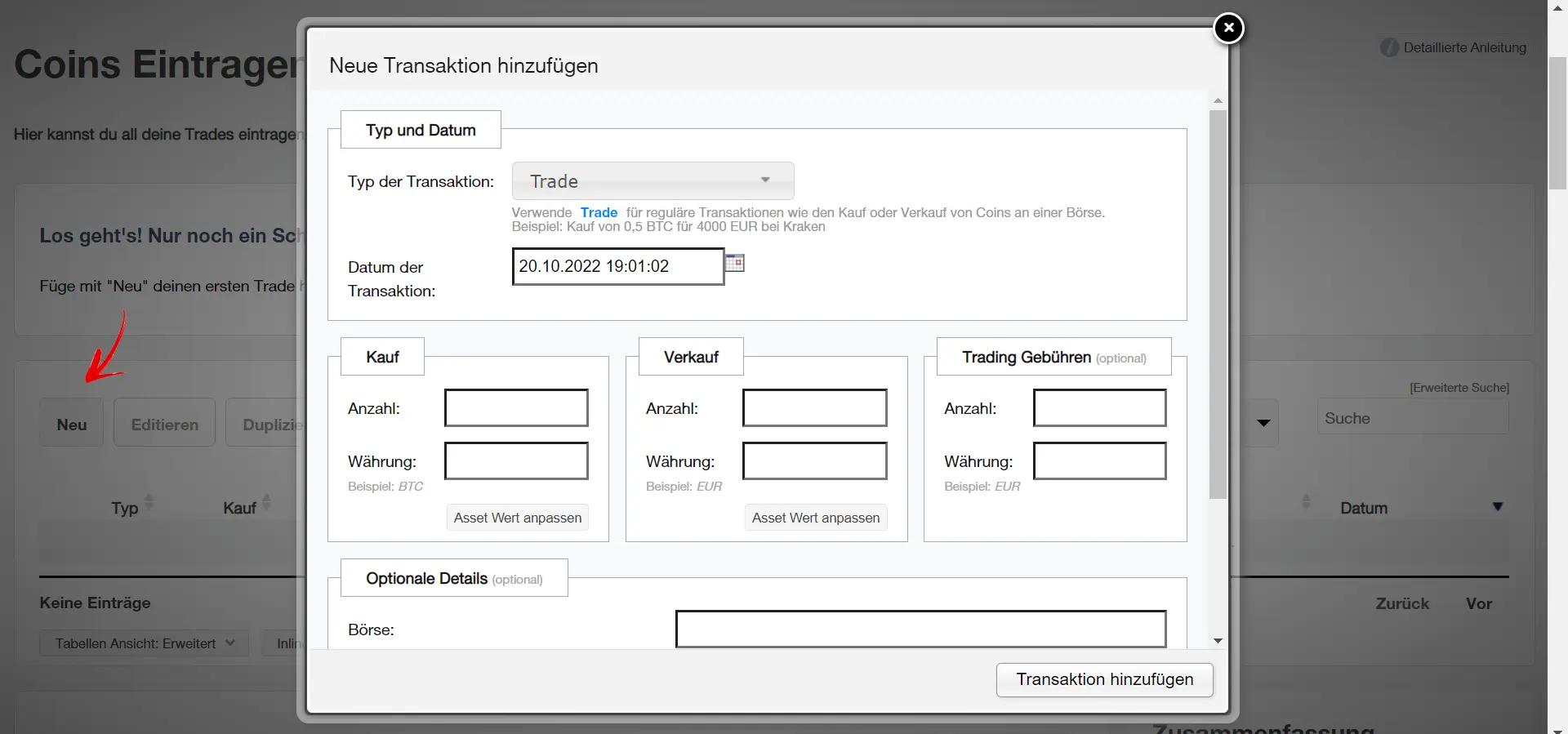 CoinTracking: Transaktion manuell hinzufügen