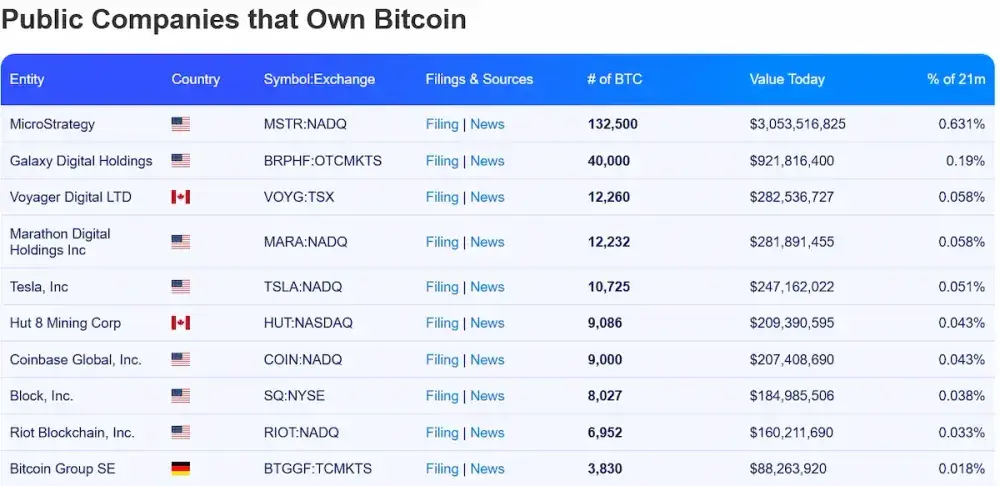 Bitcoin-Vermögen der zehn größten öffentlich gehandelten Unternehmen, die in die digitale Anlage investieren. Tesla liegt aktuell auf dem fünften Rang. | Quelle: Buybitcoinworldwide