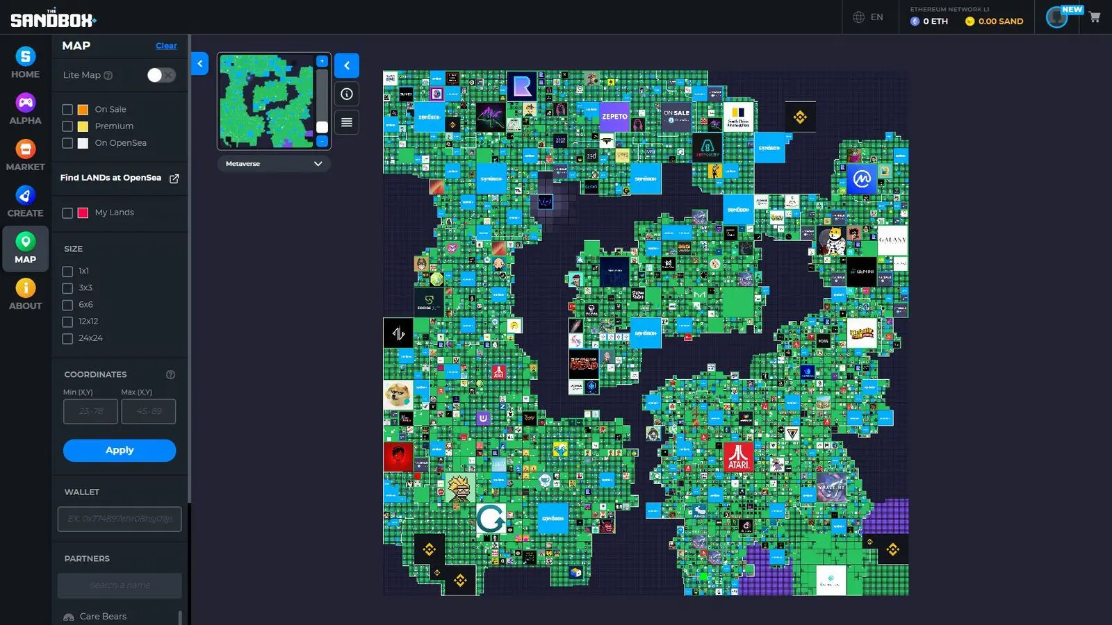 The Sandbox bietet eine riesige Map mit vielen Landparzellen, die von Nutzern gekauft und gehandelt werden können.