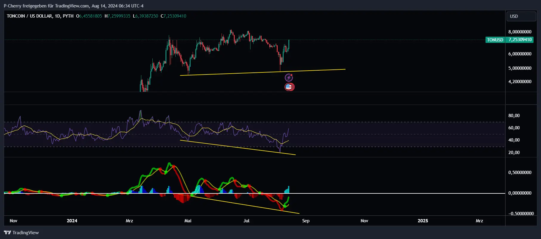 TONCOIN, RSI, MACD, Tageschart, Quelle: Tradingview