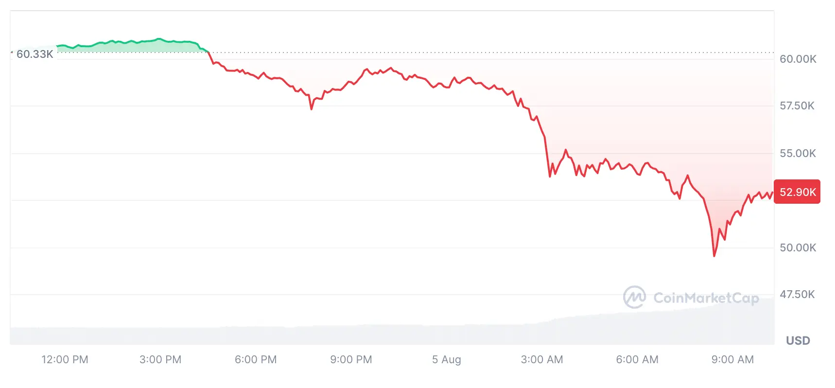 Bitcoin Kurs Crash der letzten 24h, Quelle: Coinmarketcap.com