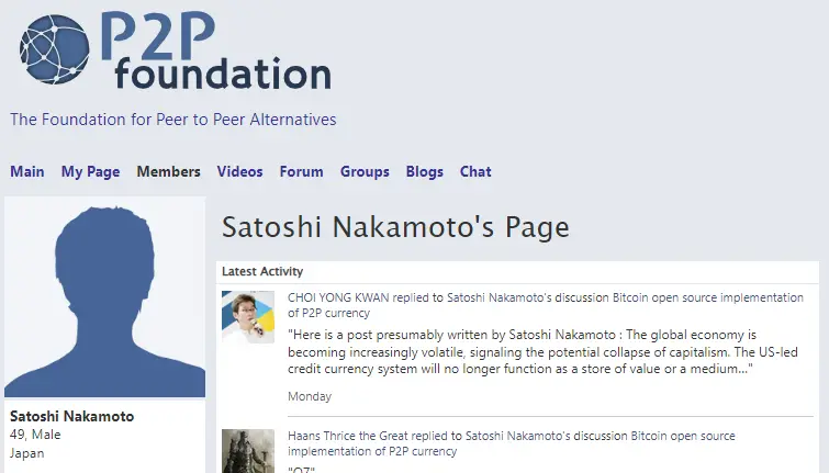 Das Profil von Satoshi Nakamoto bei der P2P Foundation