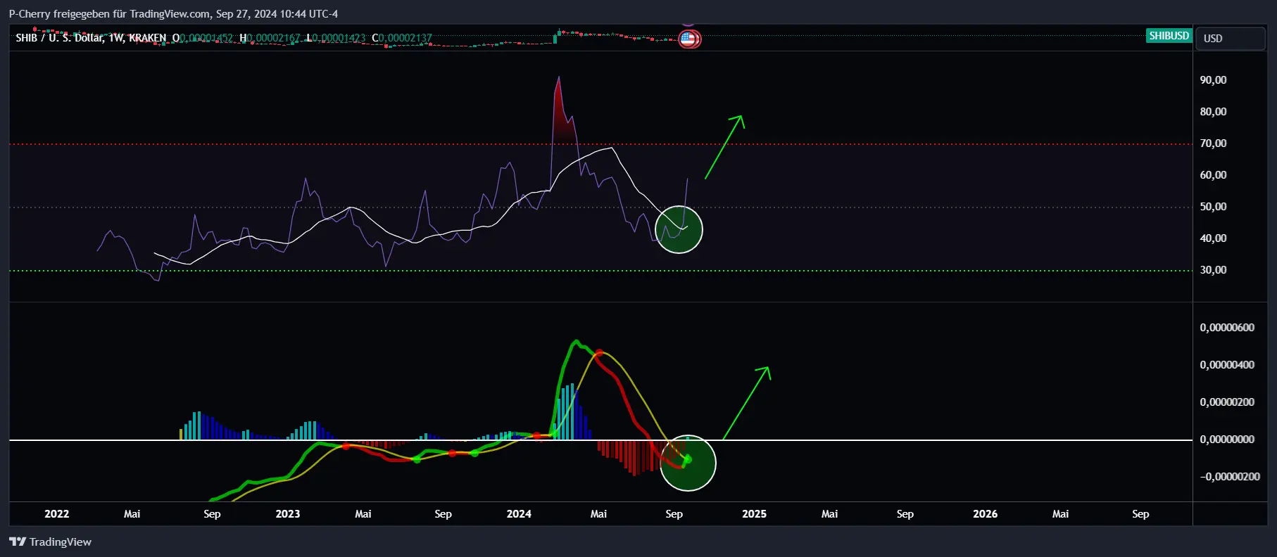 SHIB, RSI und MACD, Wochenchart, Quelle: Tradingview