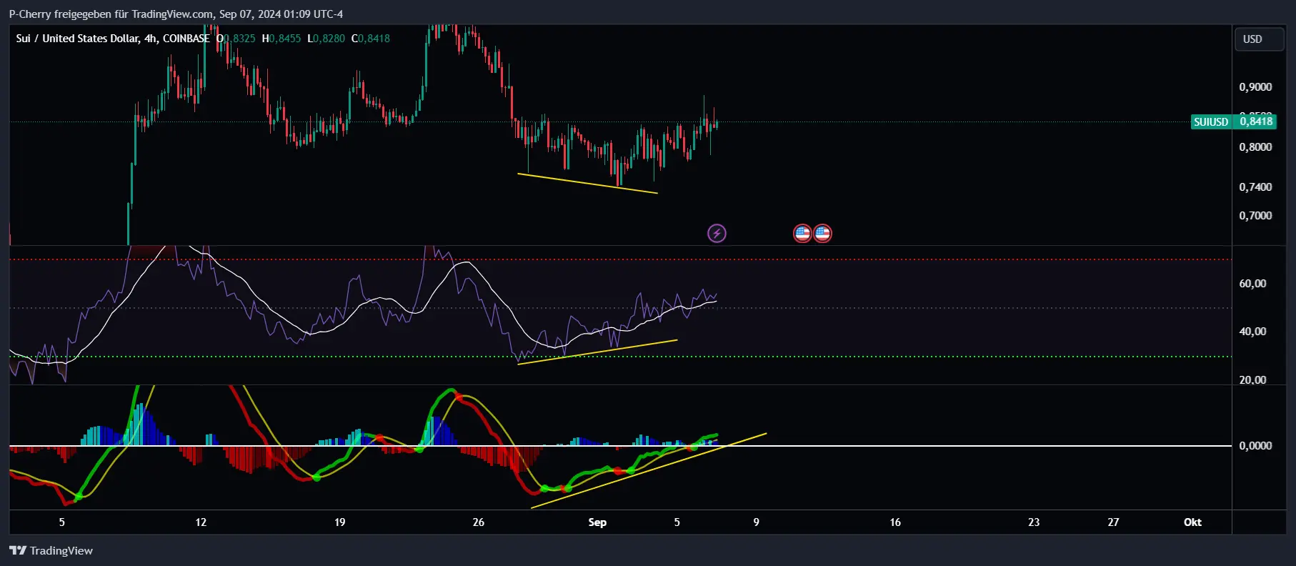 SUI, RSI und MACD, 4-Stundenchart, Quelle: Tradingview